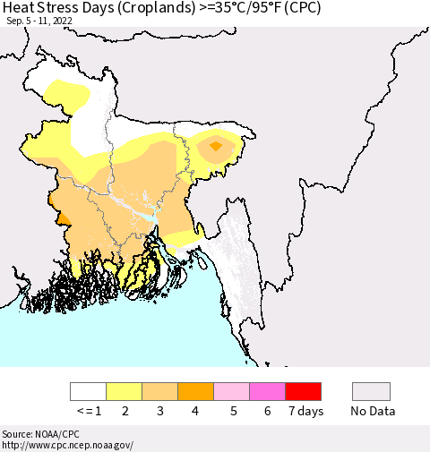 Bangladesh Heat Stress Days (Croplands) >=35°C/95°F (CPC) Thematic Map For 9/5/2022 - 9/11/2022