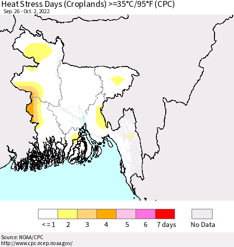 Bangladesh Heat Stress Days (Croplands) >=35°C/95°F (CPC) Thematic Map For 9/26/2022 - 10/2/2022