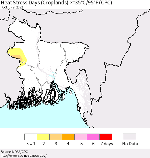 Bangladesh Heat Stress Days (Croplands) >=35°C/95°F (CPC) Thematic Map For 10/3/2022 - 10/9/2022