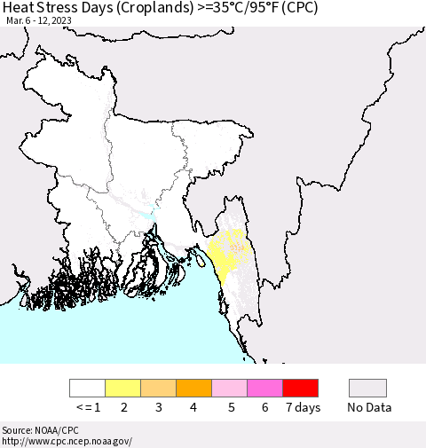 Bangladesh Heat Stress Days (Croplands) >=35°C/95°F (CPC) Thematic Map For 3/6/2023 - 3/12/2023