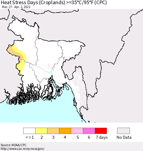 Bangladesh Heat Stress Days (Croplands) >=35°C/95°F (CPC) Thematic Map For 3/27/2023 - 4/2/2023