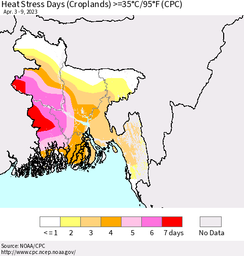 Bangladesh Heat Stress Days (Croplands) >=35°C/95°F (CPC) Thematic Map For 4/3/2023 - 4/9/2023