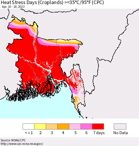 Bangladesh Heat Stress Days (Croplands) >=35°C/95°F (CPC) Thematic Map For 4/10/2023 - 4/16/2023