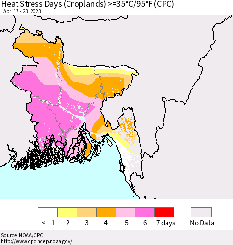 Bangladesh Heat Stress Days (Croplands) >=35°C/95°F (CPC) Thematic Map For 4/17/2023 - 4/23/2023