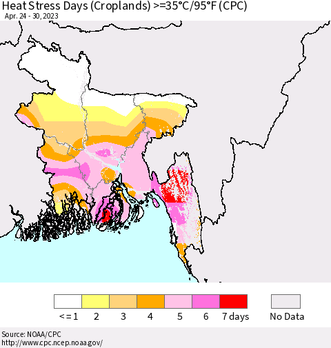 Bangladesh Heat Stress Days (Croplands) >=35°C/95°F (CPC) Thematic Map For 4/24/2023 - 4/30/2023