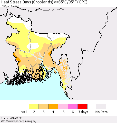 Bangladesh Heat Stress Days (Croplands) >=35°C/95°F (CPC) Thematic Map For 5/1/2023 - 5/7/2023