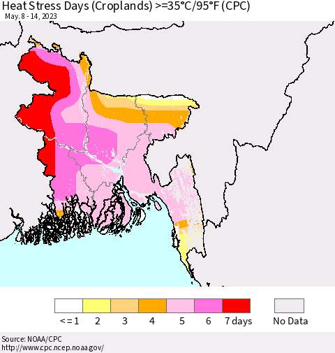 Bangladesh Heat Stress Days (Croplands) >=35°C/95°F (CPC) Thematic Map For 5/8/2023 - 5/14/2023