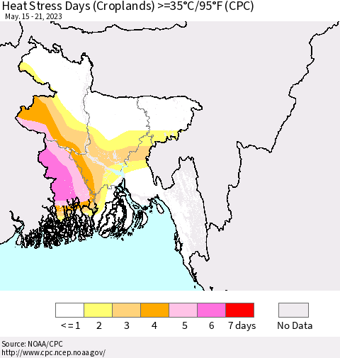 Bangladesh Heat Stress Days (Croplands) >=35°C/95°F (CPC) Thematic Map For 5/15/2023 - 5/21/2023
