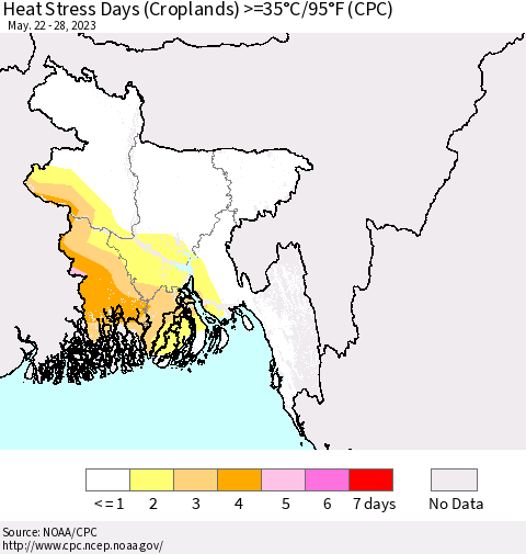 Bangladesh Heat Stress Days (Croplands) >=35°C/95°F (CPC) Thematic Map For 5/22/2023 - 5/28/2023