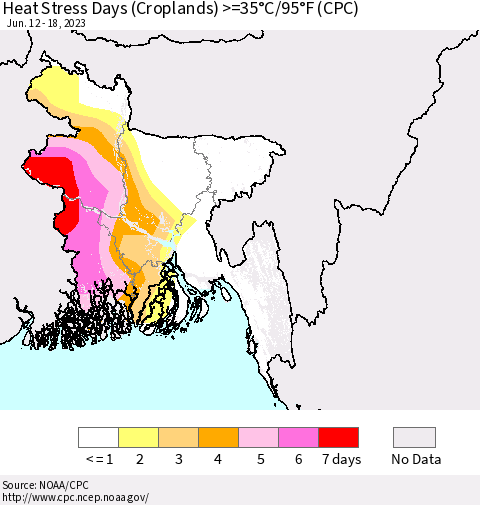 Bangladesh Heat Stress Days (Croplands) >=35°C/95°F (CPC) Thematic Map For 6/12/2023 - 6/18/2023