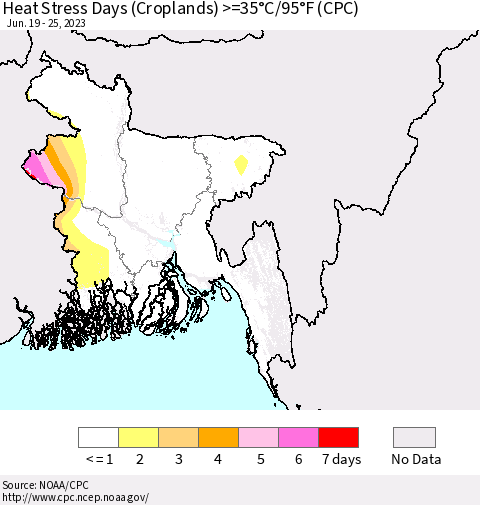 Bangladesh Heat Stress Days (Croplands) >=35°C/95°F (CPC) Thematic Map For 6/19/2023 - 6/25/2023