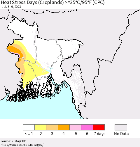 Bangladesh Heat Stress Days (Croplands) >=35°C/95°F (CPC) Thematic Map For 7/3/2023 - 7/9/2023