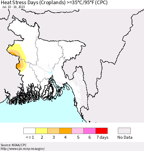 Bangladesh Heat Stress Days (Croplands) >=35°C/95°F (CPC) Thematic Map For 7/10/2023 - 7/16/2023