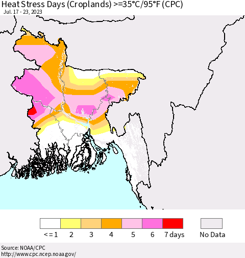 Bangladesh Heat Stress Days (Croplands) >=35°C/95°F (CPC) Thematic Map For 7/17/2023 - 7/23/2023