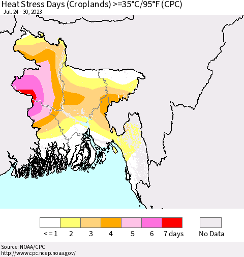 Bangladesh Heat Stress Days (Croplands) >=35°C/95°F (CPC) Thematic Map For 7/24/2023 - 7/30/2023