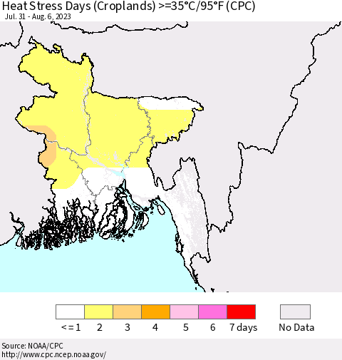 Bangladesh Heat Stress Days (Croplands) >=35°C/95°F (CPC) Thematic Map For 7/31/2023 - 8/6/2023