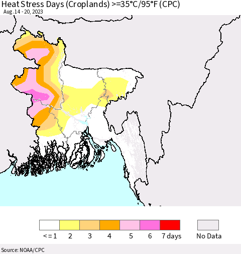 Bangladesh Heat Stress Days (Croplands) >=35°C/95°F (CPC) Thematic Map For 8/14/2023 - 8/20/2023