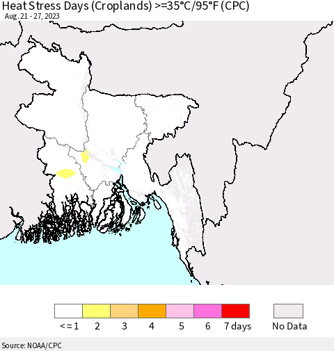 Bangladesh Heat Stress Days (Croplands) >=35°C/95°F (CPC) Thematic Map For 8/21/2023 - 8/27/2023