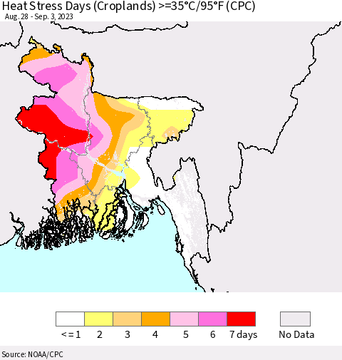 Bangladesh Heat Stress Days (Croplands) >=35°C/95°F (CPC) Thematic Map For 8/28/2023 - 9/3/2023