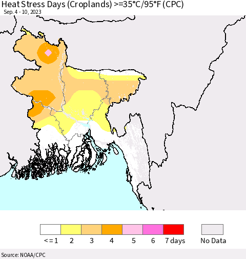 Bangladesh Heat Stress Days (Croplands) >=35°C/95°F (CPC) Thematic Map For 9/4/2023 - 9/10/2023