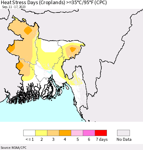 Bangladesh Heat Stress Days (Croplands) >=35°C/95°F (CPC) Thematic Map For 9/11/2023 - 9/17/2023