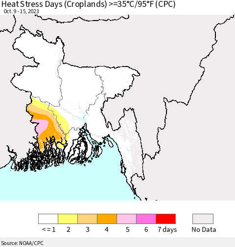 Bangladesh Heat Stress Days (Croplands) >=35°C/95°F (CPC) Thematic Map For 10/9/2023 - 10/15/2023