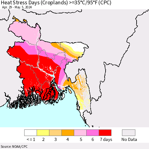 Bangladesh Heat Stress Days (Croplands) >=35°C/95°F (CPC) Thematic Map For 4/29/2024 - 5/5/2024