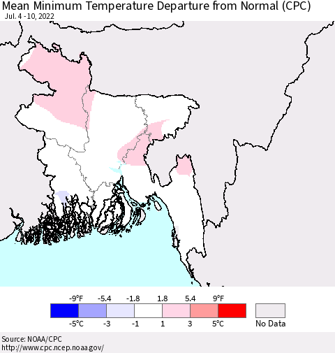 Bangladesh Mean Minimum Temperature Departure from Normal (CPC) Thematic Map For 7/4/2022 - 7/10/2022