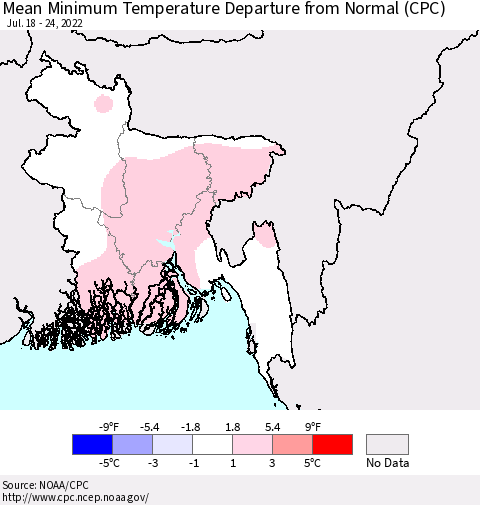 Bangladesh Mean Minimum Temperature Departure from Normal (CPC) Thematic Map For 7/18/2022 - 7/24/2022