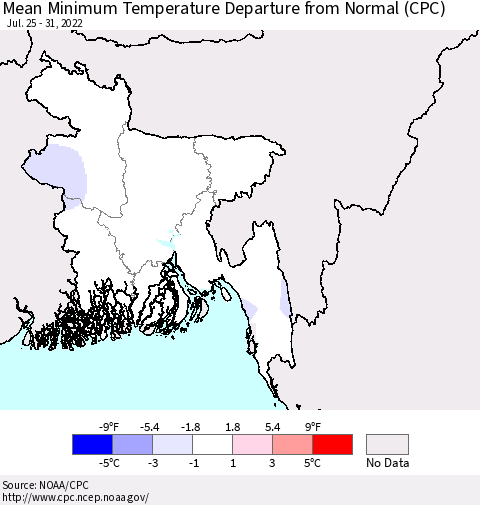 Bangladesh Mean Minimum Temperature Departure from Normal (CPC) Thematic Map For 7/25/2022 - 7/31/2022