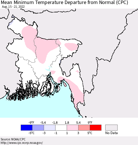 Bangladesh Mean Minimum Temperature Departure from Normal (CPC) Thematic Map For 8/15/2022 - 8/21/2022