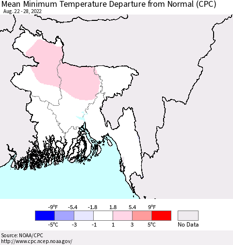 Bangladesh Mean Minimum Temperature Departure from Normal (CPC) Thematic Map For 8/22/2022 - 8/28/2022