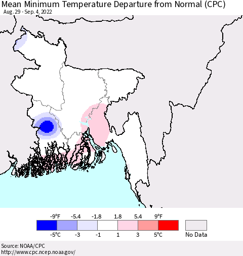 Bangladesh Mean Minimum Temperature Departure from Normal (CPC) Thematic Map For 8/29/2022 - 9/4/2022