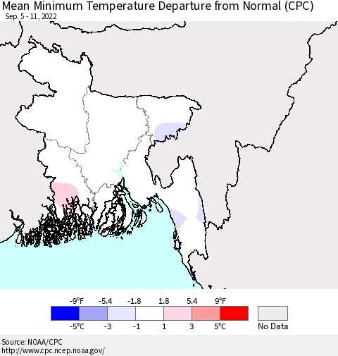 Bangladesh Mean Minimum Temperature Departure from Normal (CPC) Thematic Map For 9/5/2022 - 9/11/2022