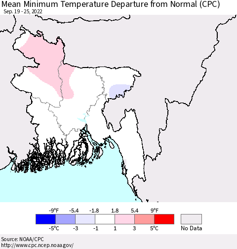 Bangladesh Mean Minimum Temperature Departure from Normal (CPC) Thematic Map For 9/19/2022 - 9/25/2022