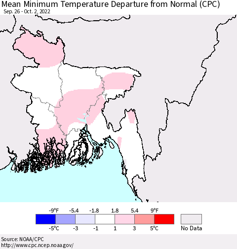 Bangladesh Mean Minimum Temperature Departure from Normal (CPC) Thematic Map For 9/26/2022 - 10/2/2022