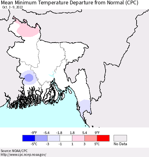 Bangladesh Mean Minimum Temperature Departure from Normal (CPC) Thematic Map For 10/3/2022 - 10/9/2022