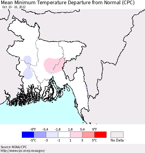 Bangladesh Mean Minimum Temperature Departure from Normal (CPC) Thematic Map For 10/10/2022 - 10/16/2022