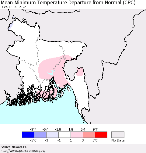 Bangladesh Mean Minimum Temperature Departure from Normal (CPC) Thematic Map For 10/17/2022 - 10/23/2022