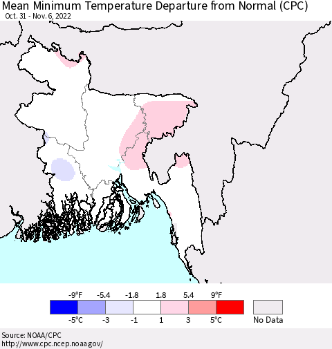 Bangladesh Mean Minimum Temperature Departure from Normal (CPC) Thematic Map For 10/31/2022 - 11/6/2022