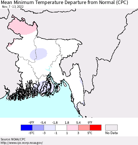 Bangladesh Mean Minimum Temperature Departure from Normal (CPC) Thematic Map For 11/7/2022 - 11/13/2022