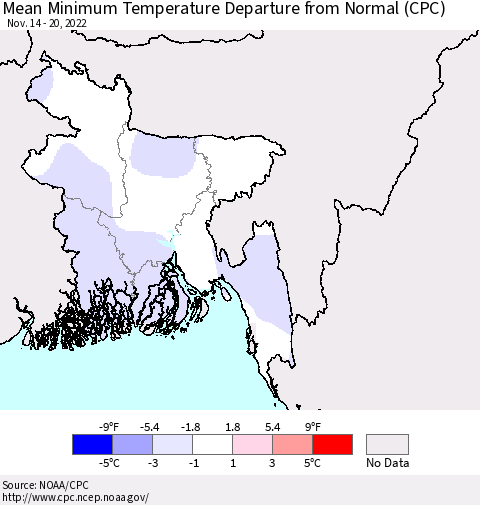 Bangladesh Mean Minimum Temperature Departure from Normal (CPC) Thematic Map For 11/14/2022 - 11/20/2022