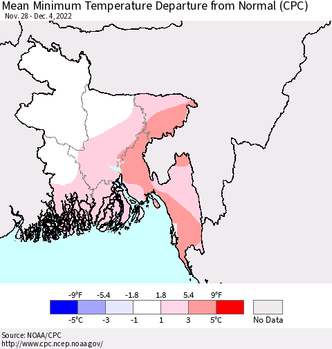 Bangladesh Mean Minimum Temperature Departure from Normal (CPC) Thematic Map For 11/28/2022 - 12/4/2022