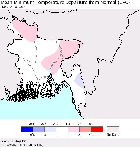 Bangladesh Mean Minimum Temperature Departure from Normal (CPC) Thematic Map For 12/12/2022 - 12/18/2022