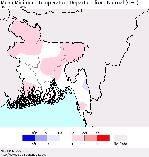 Bangladesh Mean Minimum Temperature Departure from Normal (CPC) Thematic Map For 12/19/2022 - 12/25/2022