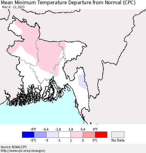 Bangladesh Mean Minimum Temperature Departure from Normal (CPC) Thematic Map For 3/6/2023 - 3/12/2023