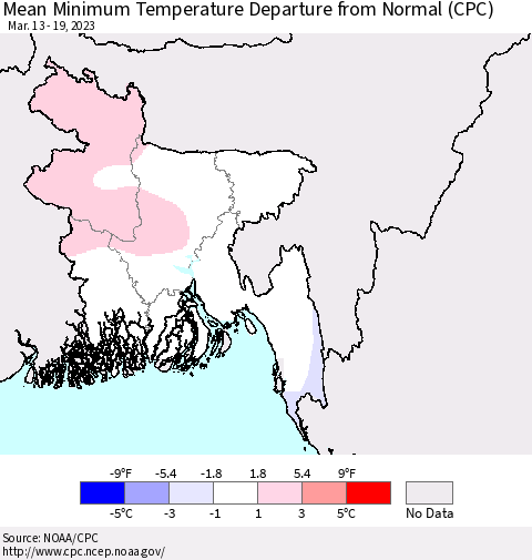 Bangladesh Mean Minimum Temperature Departure from Normal (CPC) Thematic Map For 3/13/2023 - 3/19/2023