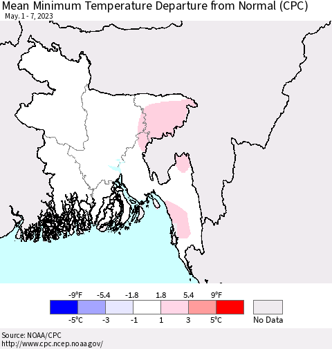 Bangladesh Mean Minimum Temperature Departure from Normal (CPC) Thematic Map For 5/1/2023 - 5/7/2023