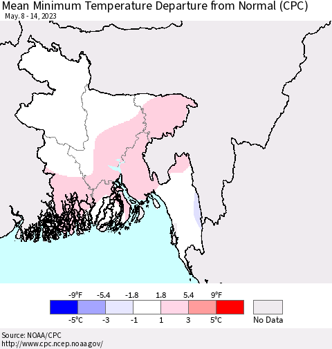 Bangladesh Mean Minimum Temperature Departure from Normal (CPC) Thematic Map For 5/8/2023 - 5/14/2023