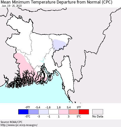 Bangladesh Mean Minimum Temperature Departure from Normal (CPC) Thematic Map For 6/19/2023 - 6/25/2023